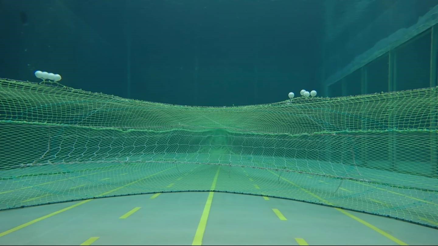 Nets in a flume tank at the Memorial University of Newfoundland in Canada.